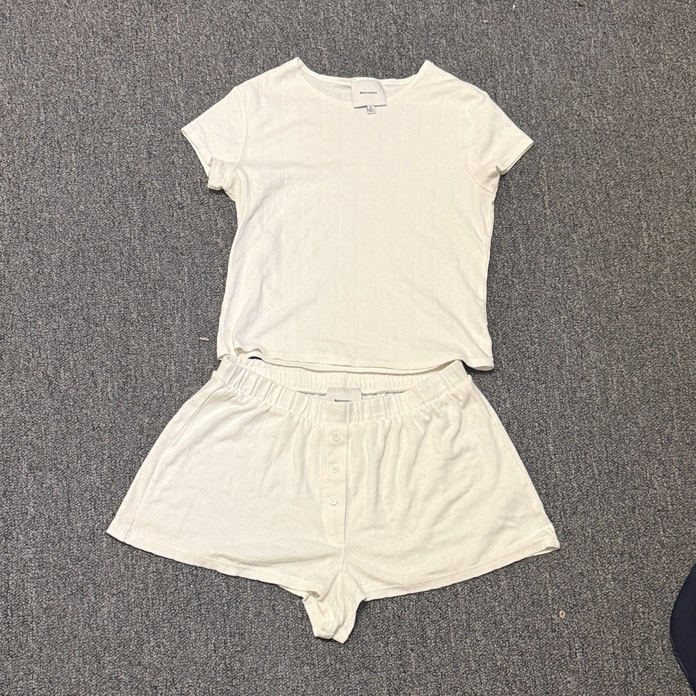 Reformation white pointelle tee and shorts matching cotton set